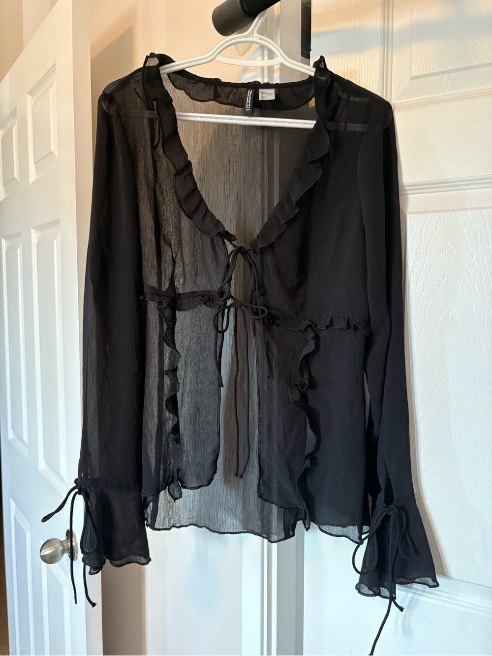 H&M Black Sheer Ruffle Tie-Front Blouse